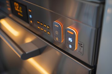 A detailed view of the control panel of a modern stainless steel dishwasher with illuminated buttons and a digital display