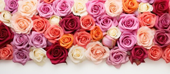 A flat lay of vibrant roses arranged in a floral pattern against a white background The top view showcases the intricate texture and design of the flowers creating a captivating Valentine s backgroun