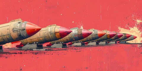 Line of old nuclear missiles with red tips against a red textured background. Industrial, military, and war concept illustration. Historical weapons.