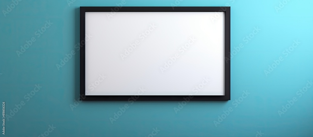 Fototapete A black picture frame is displayed on a blue wall offering ample copy space The background features an area for text input