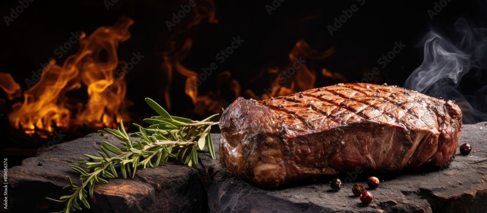 Poster a flavorful cowboy steak grilled and seasoned rests on a rustic stone backdrop offering ample copy s