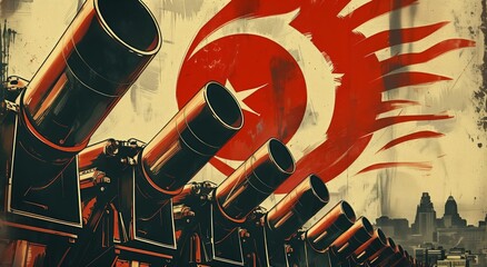 Dynamic Propaganda-Style War Poster Featuring Fiery Cannons and Abstract Flag Art