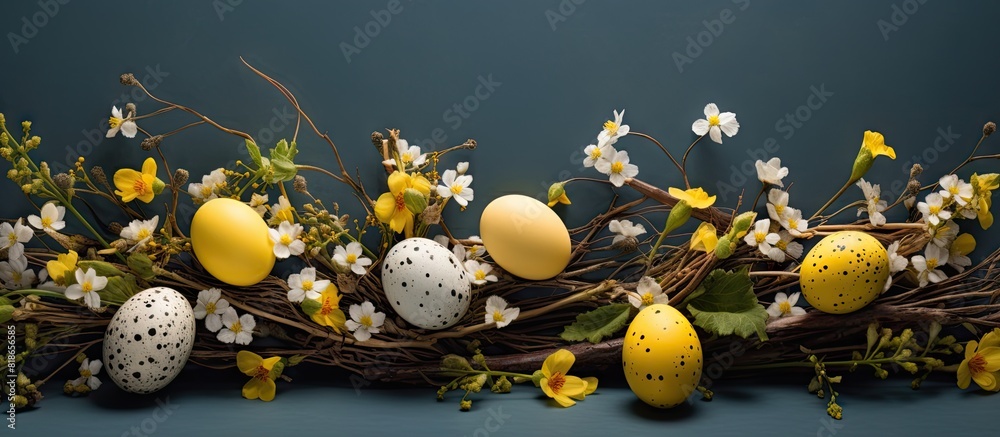 Aufkleber easter banner featuring a rustic arrangement of willow twigs vibrant yellow spring flowers and beaut