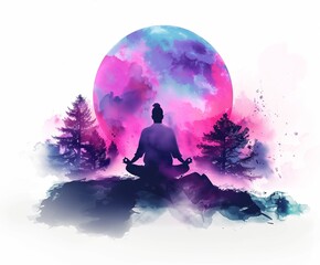 Silhouette of a person meditating in front of a vibrant watercolor moon