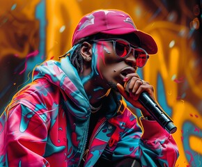 Stylish hip-hop artist in vibrant outfit performing with microphone against colorful graffiti background.