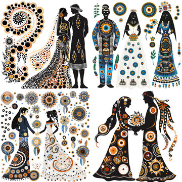 A collection of four different silhouettes of people, including a bride and groom, and a couple of other people. silhouette of a couple in dark tones.