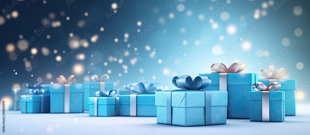 Poster copy space image of gifts on a backdrop of soft blue illuminate the scene