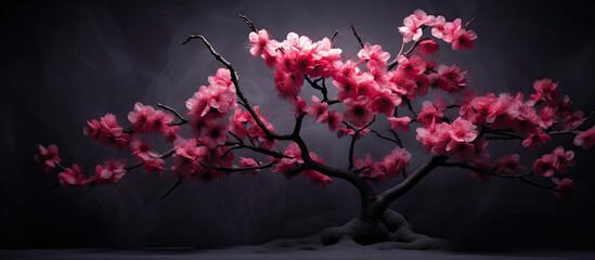 An image featuring a dark background with a beautiful sakura tree in full bloom providing plenty of copy space