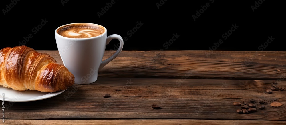 Poster a copy space image featuring a cup of coffee and a croissant placed on a wooden background