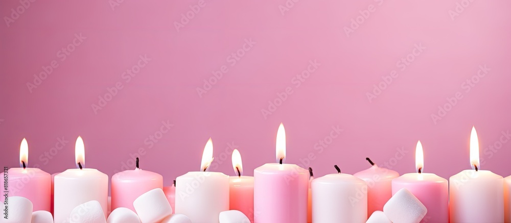 Poster The pink pastel candles and marshmallows are arranged in a top view on a pink pastel background creating a captivating copy space image