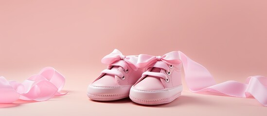 A pink pair of baby girl shoes and matching newborn clothes representing the concepts of motherhood education and pregnancy Perfect for a greeting card with copy space image