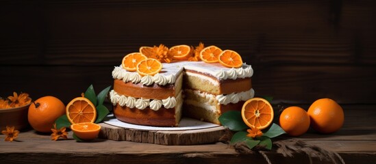 A cake with orange decorations is showcased on a rustic wooden backdrop providing ample space for additional imagery