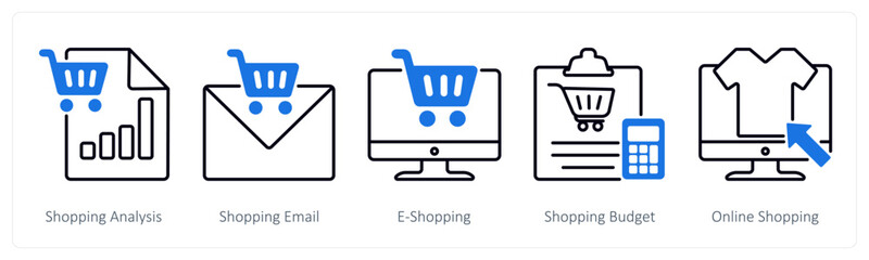 A set of 5 Shopping icons as shopping analysis, shopping email, e-shopping
