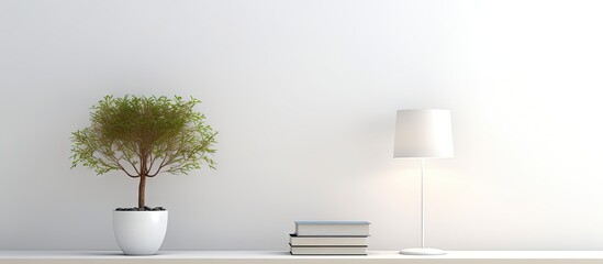 Copy space image featuring a well organized workspace enhanced with a book a potted tree and a table lamp all against a backdrop of a pristine white wall in a modern living room