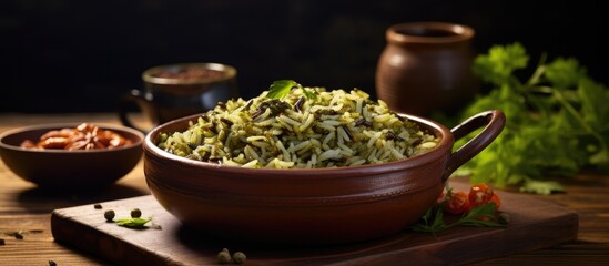 A main dish portion of wild rice served with meat and a flavorful green sauce set against a food background with ample copy space for text