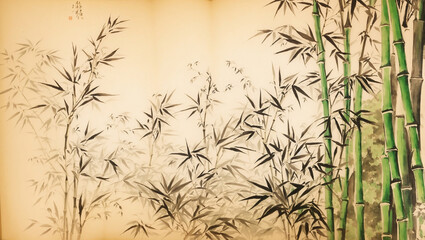 A painting of bamboo stalks with long green leaves against a beige background.

