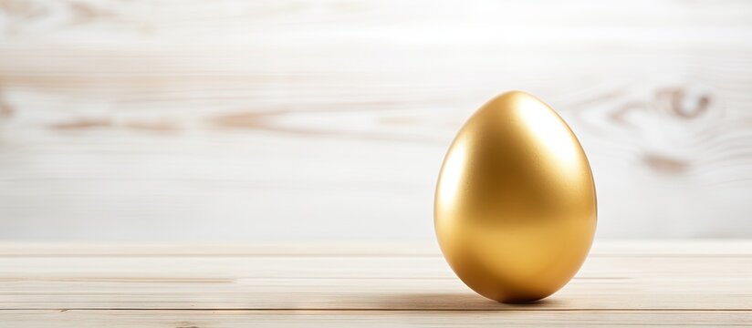 A golden Easter egg placed on a white wooden background creating a visually appealing copy space image 103 characters - Powered by Adobe