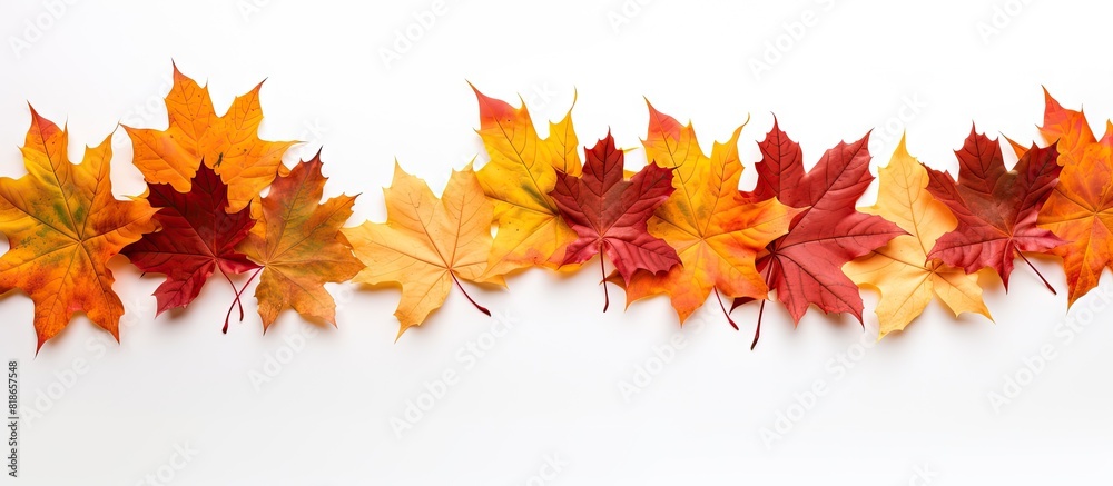 Poster Autumn maple leaves forming a border isolated on a white background Copy space image