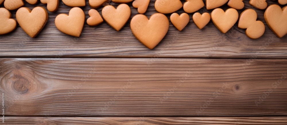 Poster wooden background with a border of heart shaped gingerbread cookies providing plenty of space for co