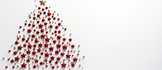 A festive Christmas tree adorned with stars and red ornaments stands tall against a white backdrop in this top down view Plenty of open space is available for additional designs or messages