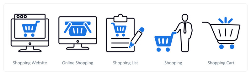 A set of 5 Shopping icons as shopping website, online shopping, shopping list