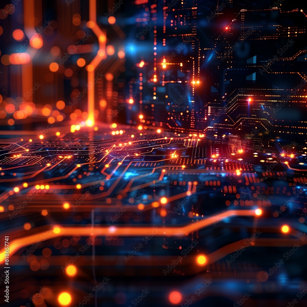 Poster computer circuit board with many lights and lines on it