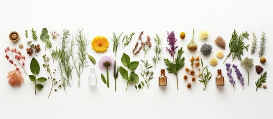 A natural wellness and self care apothecary featuring herbs and medicine showcased against a white background with a top view frame for copy space image