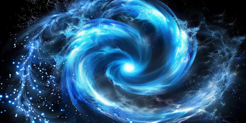  blue spiral galaxy on black background, swirling blue light and white glittery swirls. Blue spiral water effect