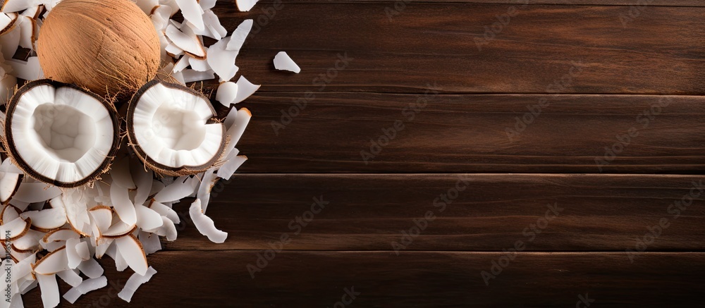 Aufkleber Flat lay of delicious coconut chips placed on a wooden table creating an appetizing display There is ample empty space for text