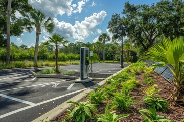 A parking lot filled with trees and plants, with an electric vehicle charging station visible in the center