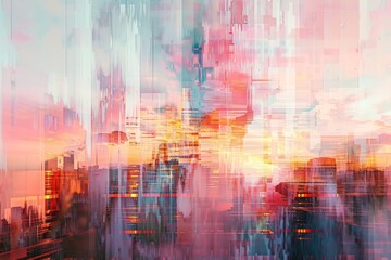 Abstract painting depicting a cityscape with vibrant colors and fragmented pixels, capturing a sunset in the background
