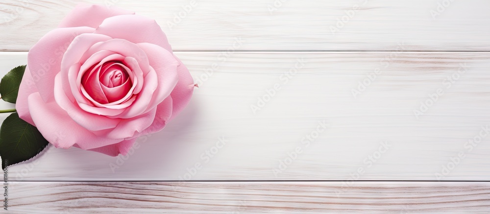 Aufkleber copy space image featuring a pink rose heart positioned on a white wooden background with space avai