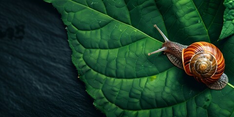 snail is sitting on a green leaf with a black background