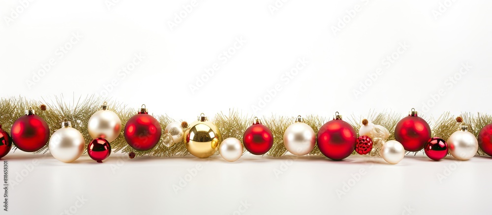 Poster A festive Christmas border made of spruce adorned with red and gold Christmas ornaments set against a white backdrop Ample room for additional elements Perfect for celebrating the winter holidays and