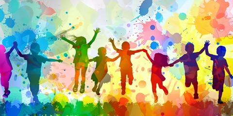 group of children jumping in the air with their arms in the air and paint splatters all around them