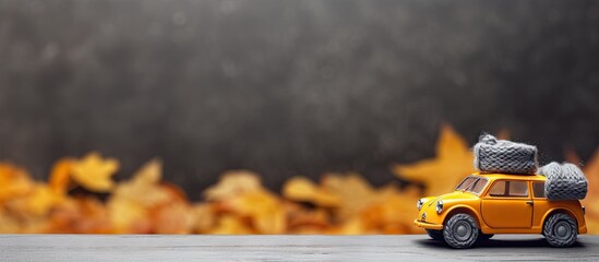 Hello Autumn travel with a hygge mood and a cold weather delivery concept emerges in this autumnal background The cozy grey knitted sweater is adorned with a yellow toy car and dried orange fall mapl