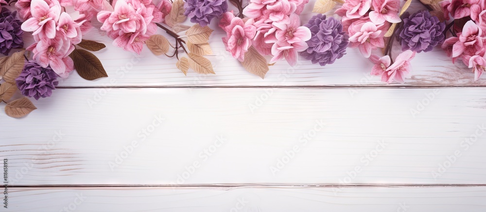 Poster there is a blurry abstract background with a copy space image showcasing beautiful flowers on a wood
