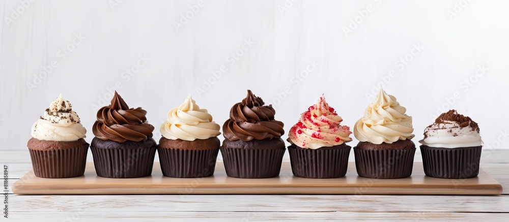 Poster on an old white wooden table there is a tempting tray of chocolate cupcakes awaiting their indulgent