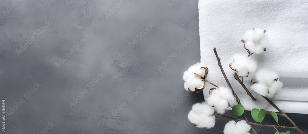 Aufkleber Grey background with a flat lay composition of cotton and towel representing the concept of a spa Ideal for copy space images