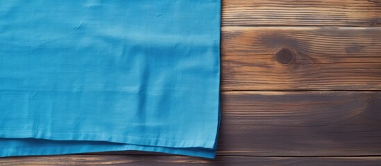 A kitchen cloth napkin is placed on a blue wooden background providing ample copy space for additional text or images