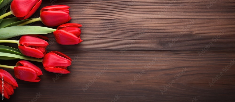 Poster Close up of a vibrant tulip frame against a rustic wooden background providing ample copy space for further elements
