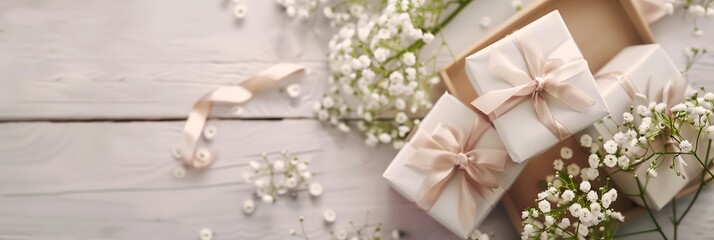 gift box with a ribbon and flowers on a table