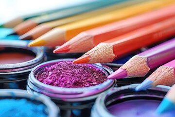 A row of colorful writing implements on a wooden table