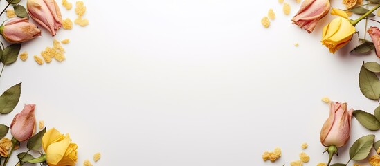 A flat lay view of three dry rosebuds surrounded by a frame of dried rose petals and green leaves The white and yellow background serves as a perfect copy space for your text