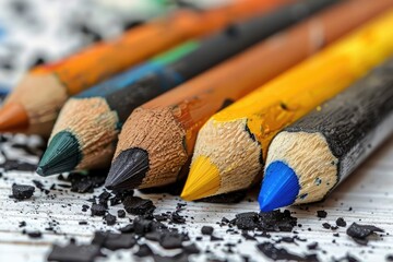 A row of colorful writing implements on a wooden table