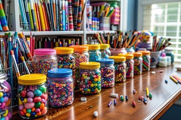 A row of colorful writing implements on a wooden table