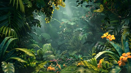Exotic jungle scene with dense foliage and vibrant tropical flowers under a canopy of green.