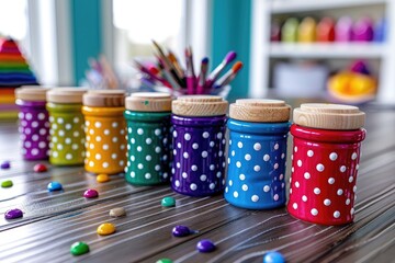 A row of colorful writing implements on a wooden table