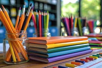 A row of colorful writing implements on a wooden table