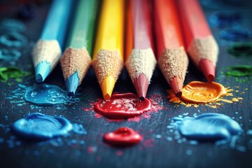 A row of colorful writing implements on a wooden table